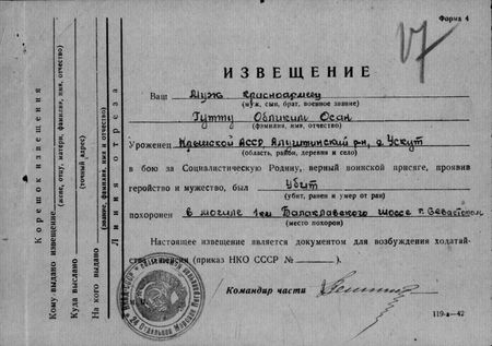 Согласно Поименного списка безвозратных потерь рядового и младшего начсостава пограничных войск НКВД Черноморского округа от 11 марта 1942 г., подписанного начальником штаба погранвойск НКВД Черноморского округа подполковником Долгановым и начальником 4-го отделения штаба майором Школьником, стрелок 24-й отдельной  пограничной комендатуры красноармеец Гутту Абляким Асан погиб 17 декабря 1941 г. - был убит от разрыва авиабомбы в районе Корабельной стороны г. Севастополя.