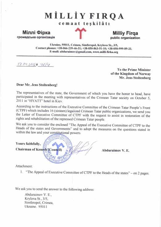 Letter to Prime Minister Stoltenberg regarding the situation of the Crimean Tartar People