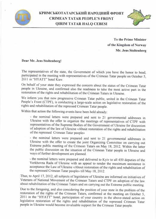 Letter to Prime Minister Stoltenberg regarding the situation of the Crimean Tartar People