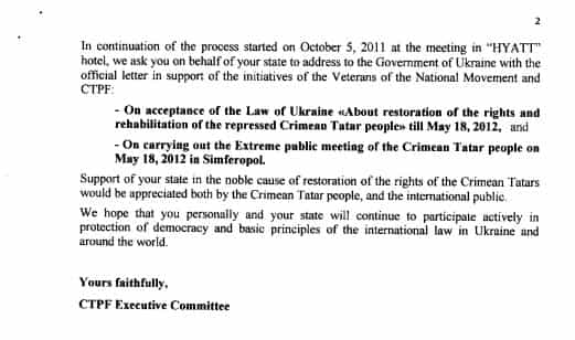 Letter to Prime Minister Stoltenberg regarding the situation of the Crimean Tartar People