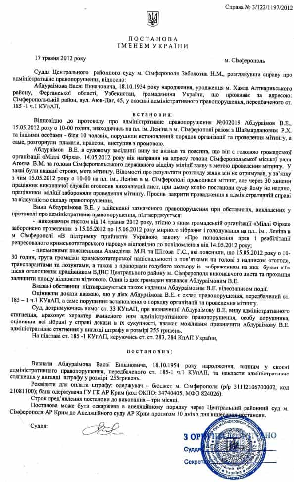 Постановление Центрального районного суда Симферополя по делу Васви Абдураимова