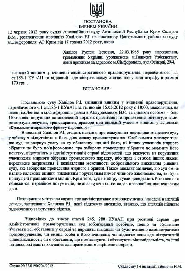 Постановление Апелляционного суда АРК об удовлетворении апелляции Рустема Халилова