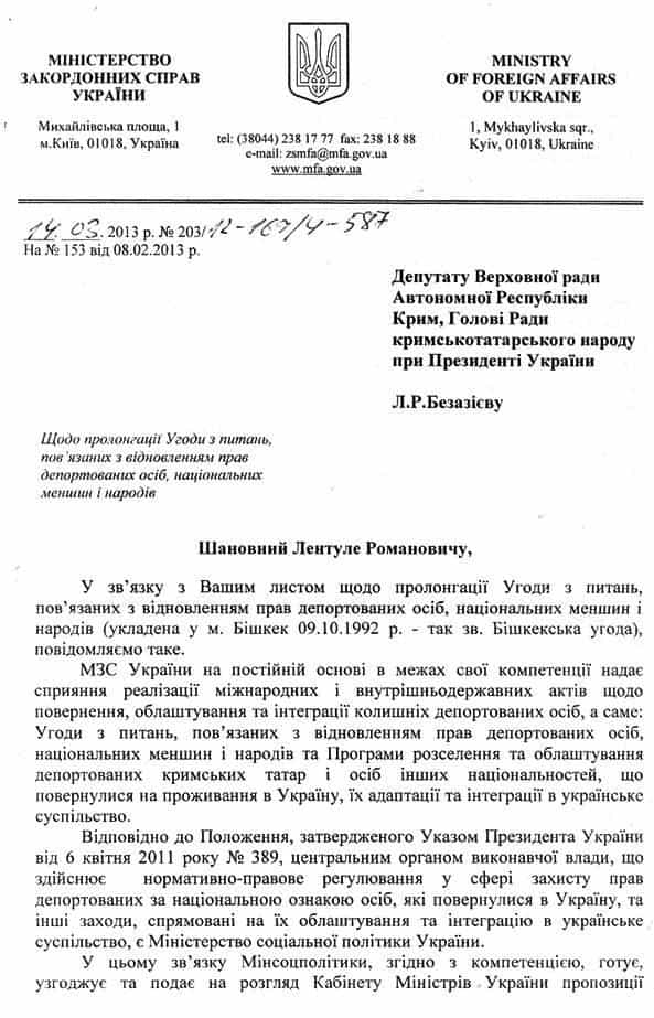 Ответ Министерства иностранных дел Украины Совету представителей крымскотатарскому народу при Президенте Украины